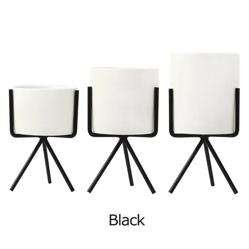 Ceramic Planters Kit Of 3 With Gold Iron Stand Contemporary Desktop Succulent Planters Fall 2025 Trendy Gift