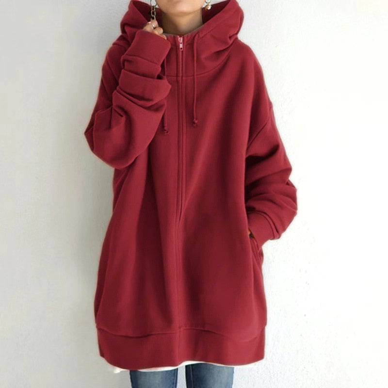 Women Warm Longline Hoodie - Oversized Fleece Layering