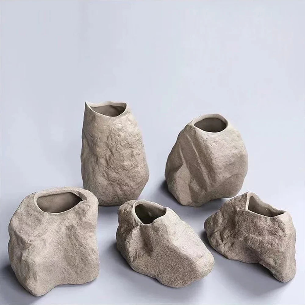 Ceramic Vase Stone Texture Tabletop Sculpture Vase Household Decor Fall 2025 Wedding Centerpiece Rustic Gift