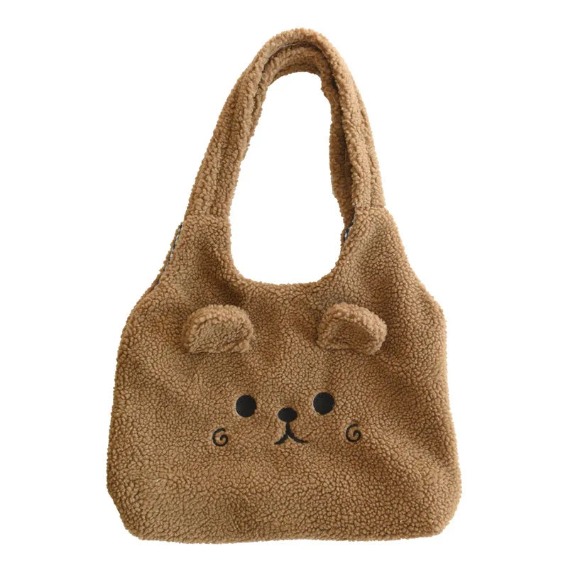 Tote Bag Plush Cartoon Embroidery Shoulder Bag Winter 2025 Cozy Faux Lamb Hair Shopper Gift