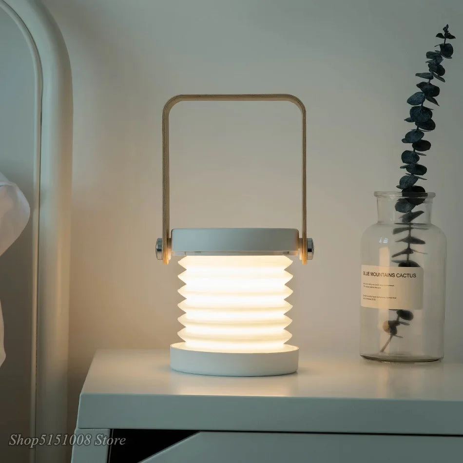 Wood Creative Handle Folding LED Night Light Lantern for Reading, USB Charging