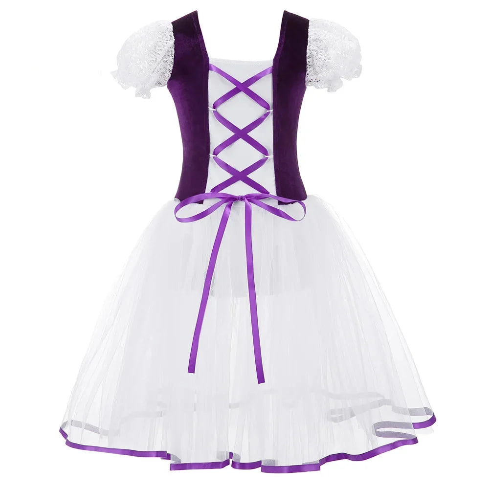 velvet bodice, tulle skirt, short puff sleeves, for dance class – Breathable girls' ballet tutu dress