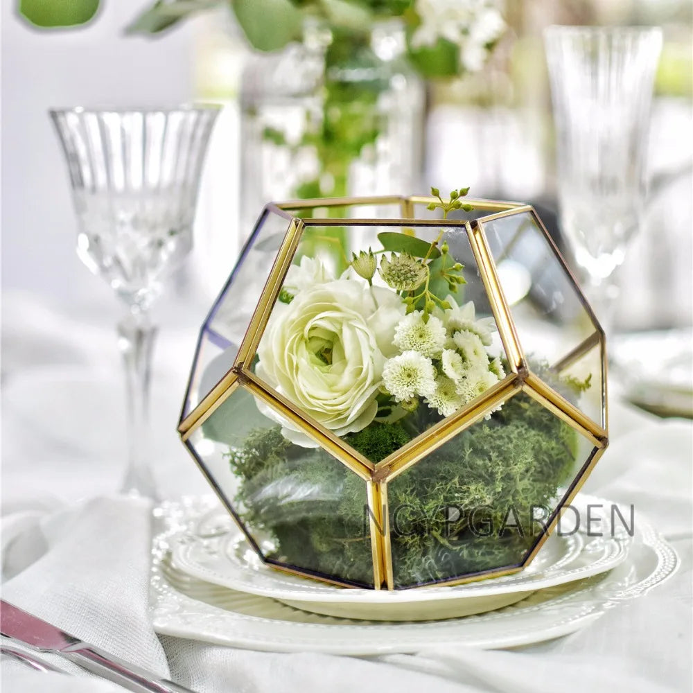 Glass Terrarium Gold Patterned Planter Contemporary Desktop Plant Display Fall 2025, Succulent Bonsai Gift