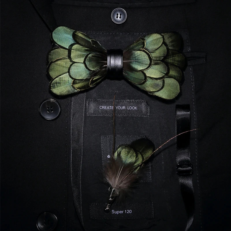 Green Birds Feather Bow Tie Kit - Handmade Wood Gift Box for Men, Wedding Party