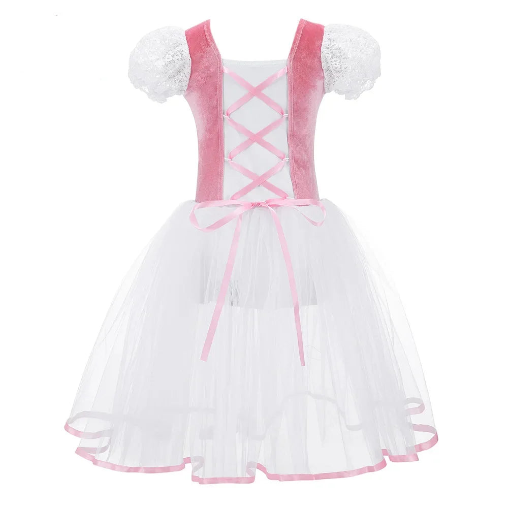 velvet bodice, tulle skirt, short puff sleeves, for dance class – Breathable girls' ballet tutu dress