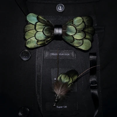 Green Birds Feather Bow Tie Kit - Handmade Wood Gift Box for Men, Wedding Party