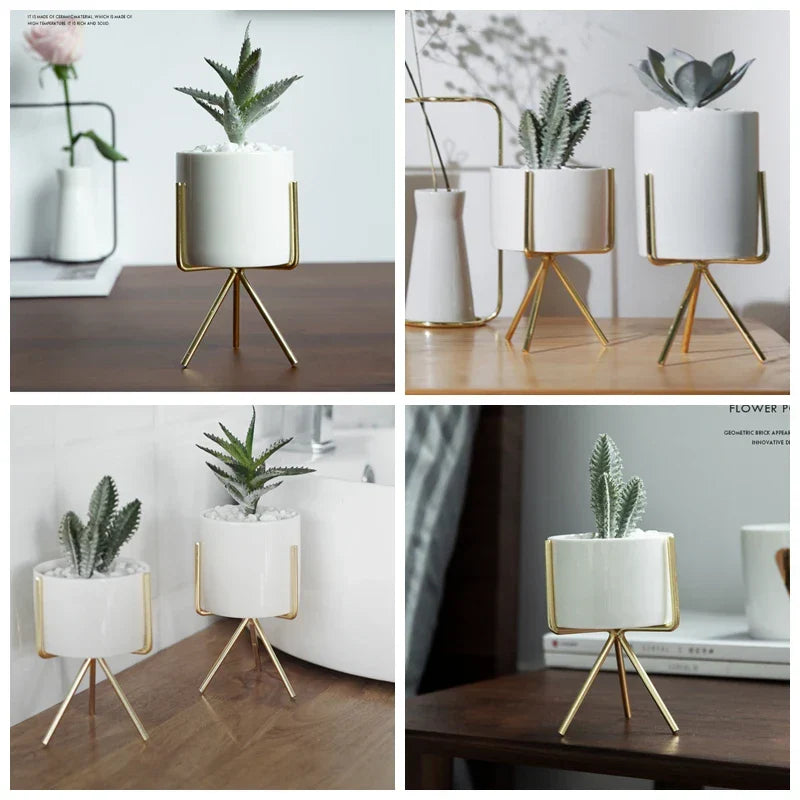 Ceramic Planters Kit Of 3 With Gold Iron Stand Contemporary Desktop Succulent Planters Fall 2025 Trendy Gift