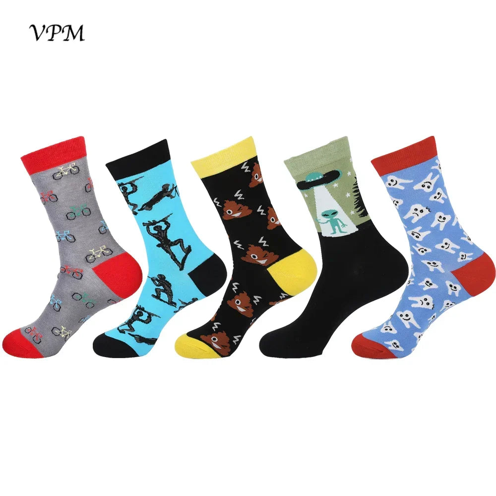 Crew Men's Socks Combed Cotton 5-Pack Harajuku Pattern Casual Socks Fall 2025 Breathable Antibacterial Comfort Gift