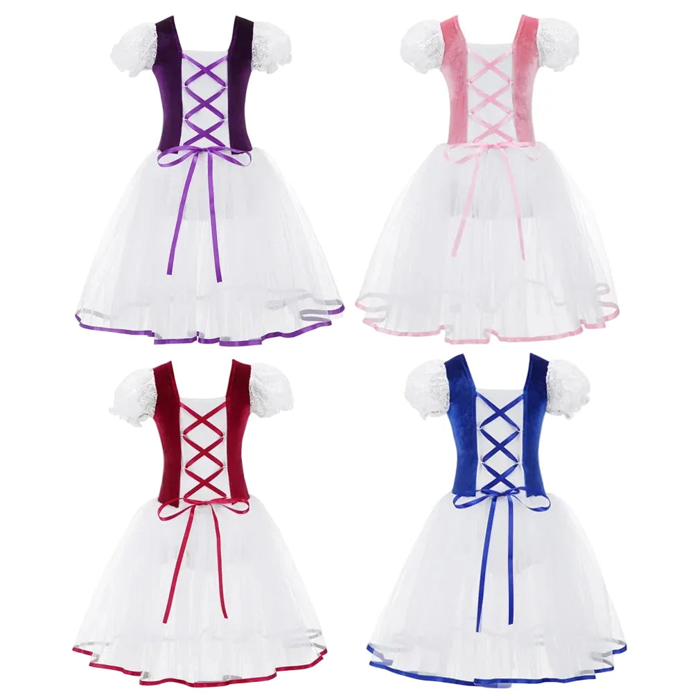 velvet bodice, tulle skirt, short puff sleeves, for dance class – Breathable girls' ballet tutu dress