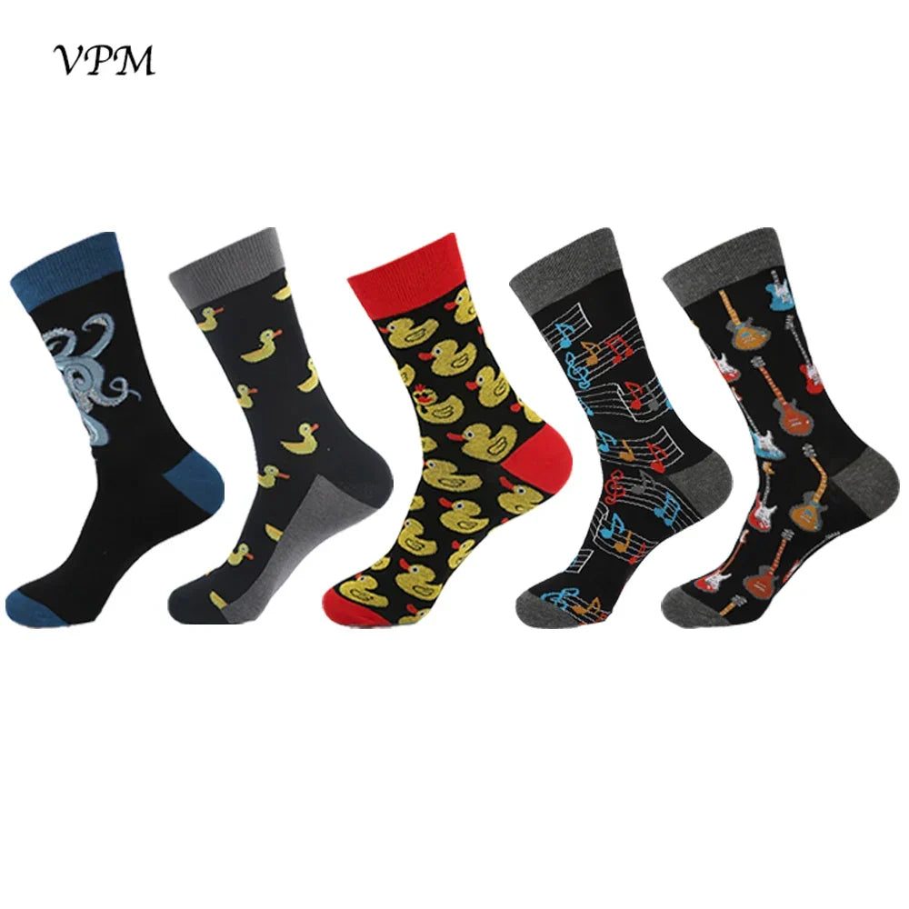 Crew Men's Socks Combed Cotton 5-Pack Harajuku Pattern Casual Socks Fall 2025 Breathable Antibacterial Comfort Gift