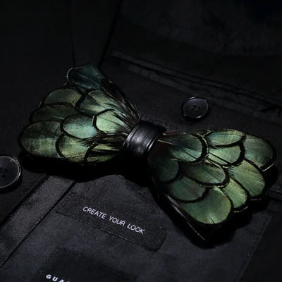 Green Birds Feather Bow Tie Kit - Handmade Wood Gift Box for Men, Wedding Party