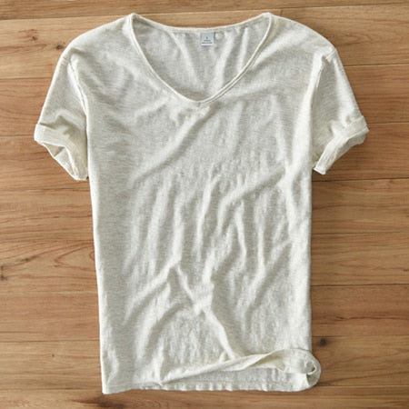 Variant image for Men's V-Neck Linen Cotton Shirt, Lightweight Short Sleeve Slim-Fit Casual Top for Summer-46