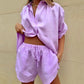 Fashion Solid Shirt Household Suits Casual Short Sleeve Tops & Drawstring Shorts Kit for Women