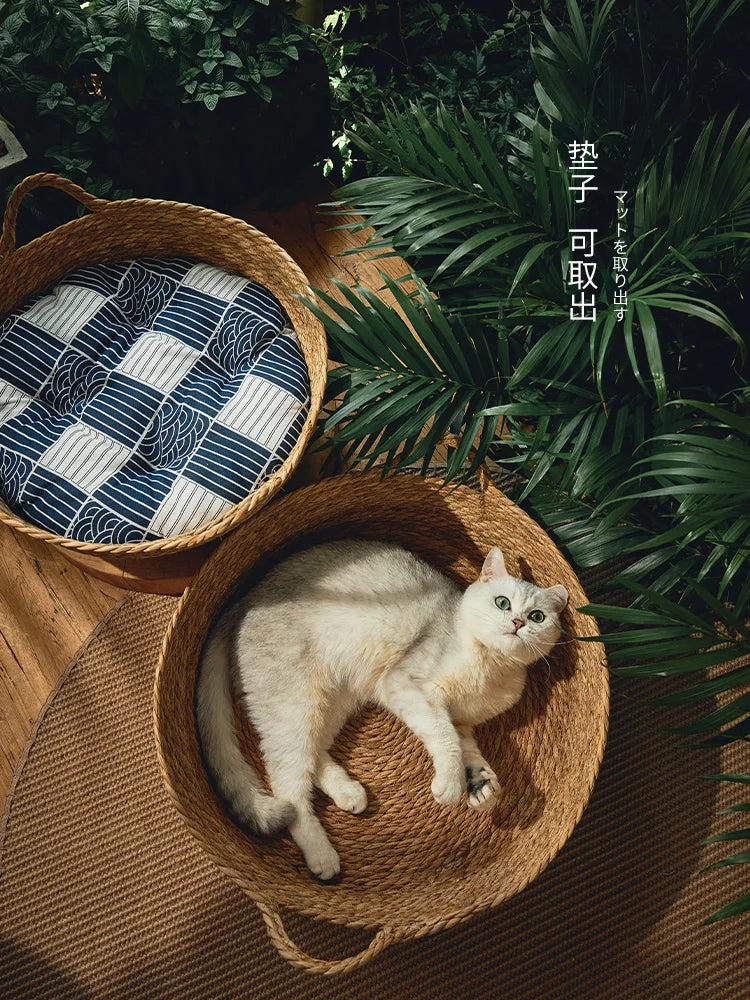 Rattan Cat Nest Handwoven Bamboo Bed Four Seasons 2025 Organic Cool Cozy Hideaway Eco Friendly