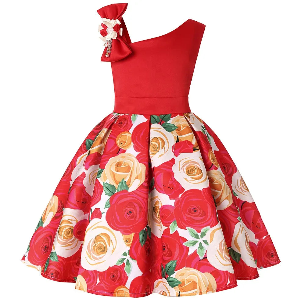 Plush girls' dress - one-shoulder knee-length floral, polyester, for party or wedding
