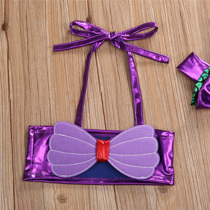 Light girls mermaid bikini set - lace-up 3D bow top, triangle briefs, elastic headband, polyester, summer swimwear