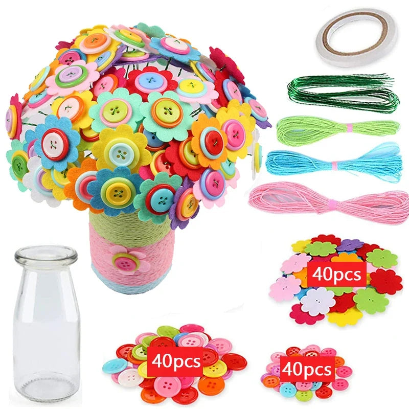 & Button Felt Flower Bouquet Craft Kit - DIY Vase Art Project for Kids, Creative Activity Gift for Boys & Girls