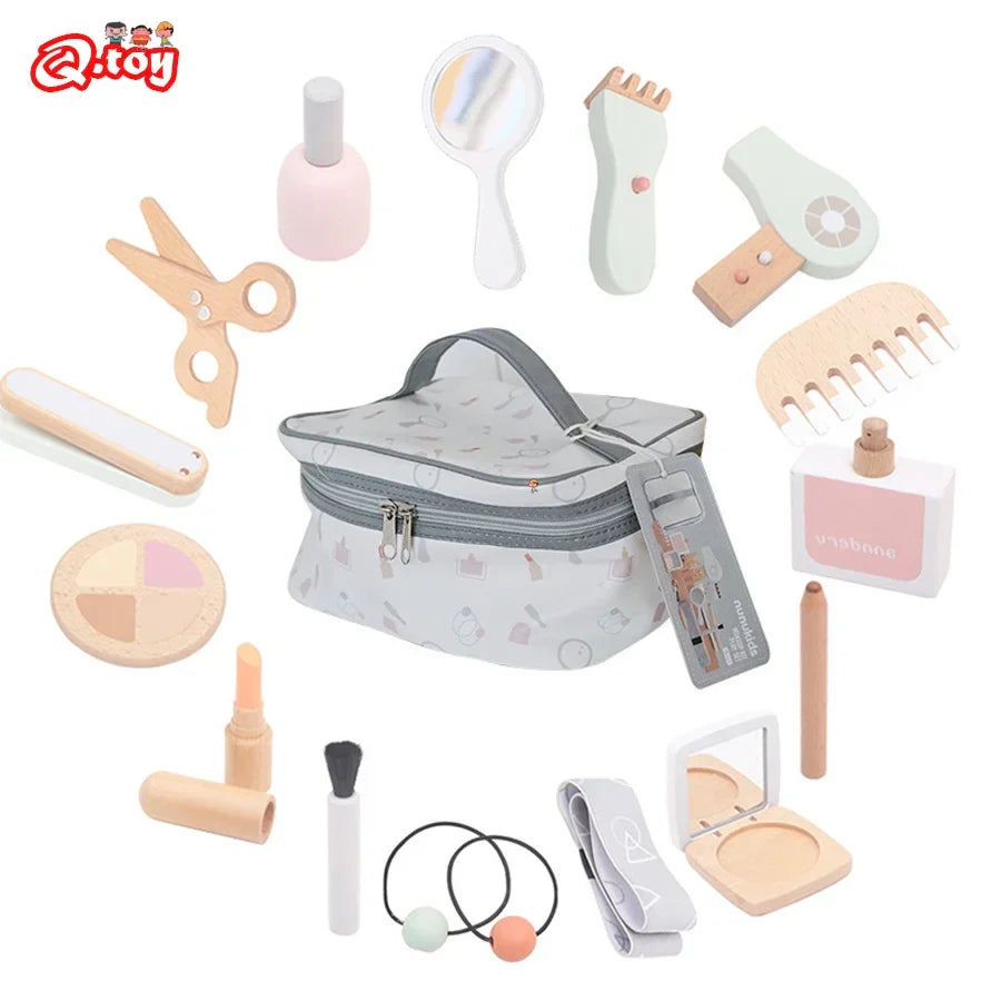 Kids2025 Edition Makeup Kit Wooden Pretend Play Cosmetic Toy With Carry Bag Eco Friendly Hairdressing Kit Holiday Gift