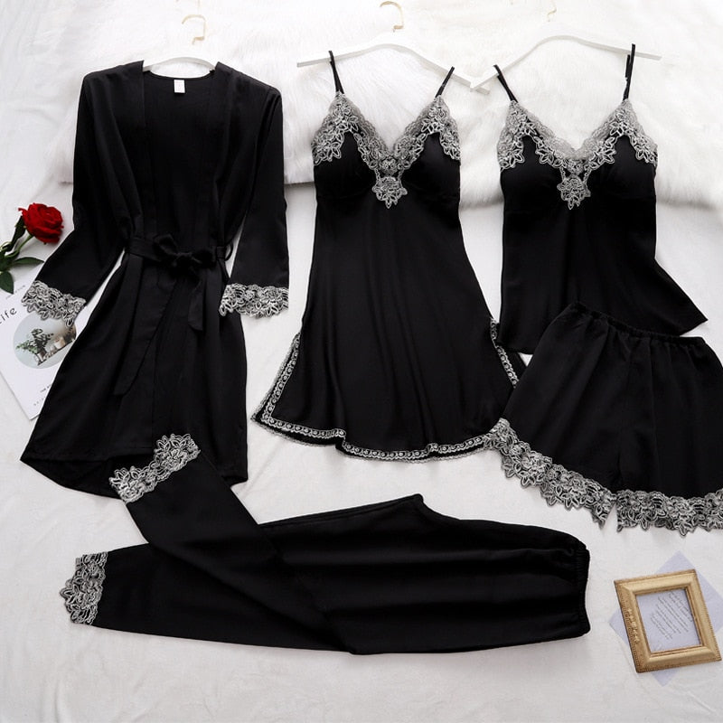Silk Pajamas Set for Women, Adjustable Straps, Elegant Lace Design, Soft and Comfortable Sleepwear, Breathable Satin Fabric-1