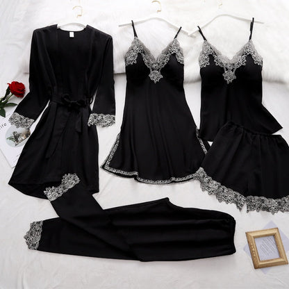 Variant image for Silk Pajamas Set for Women, Adjustable Straps, Elegant Lace Design, Soft and Comfortable Sleepwear, Breathable Satin Fabric-1