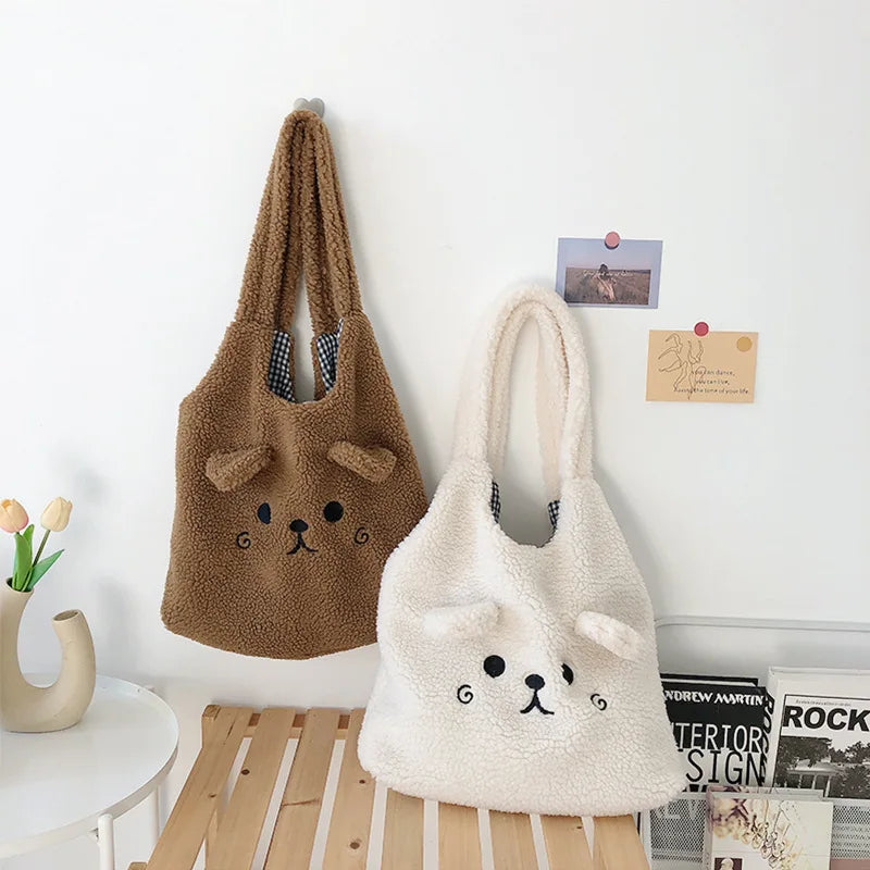 Tote Bag Plush Cartoon Embroidery Shoulder Bag Winter 2025 Cozy Faux Lamb Hair Shopper Gift
