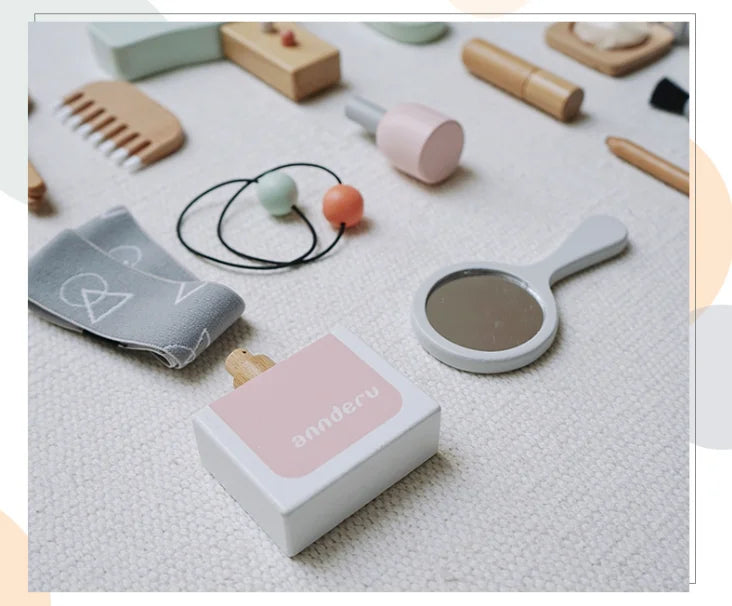 Kids2025 Edition Makeup Kit Wooden Pretend Play Cosmetic Toy With Carry Bag Eco Friendly Hairdressing Kit Holiday Gift