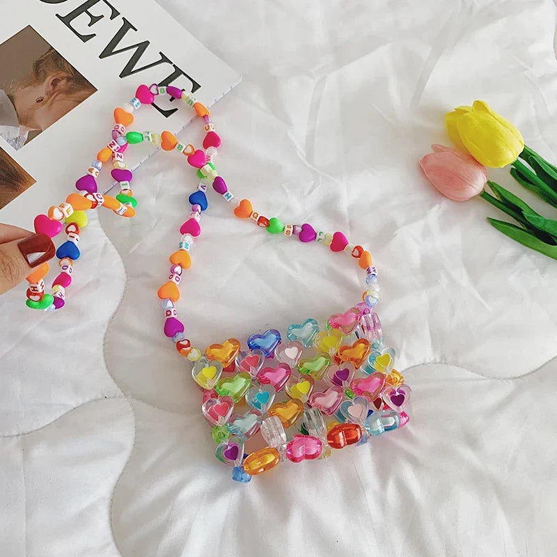 Bag Beaded Heart Bead Mini Shoulder Bag Handwoven Jelly Colorful Purse Summer 2025 Trendy Gift Accessory