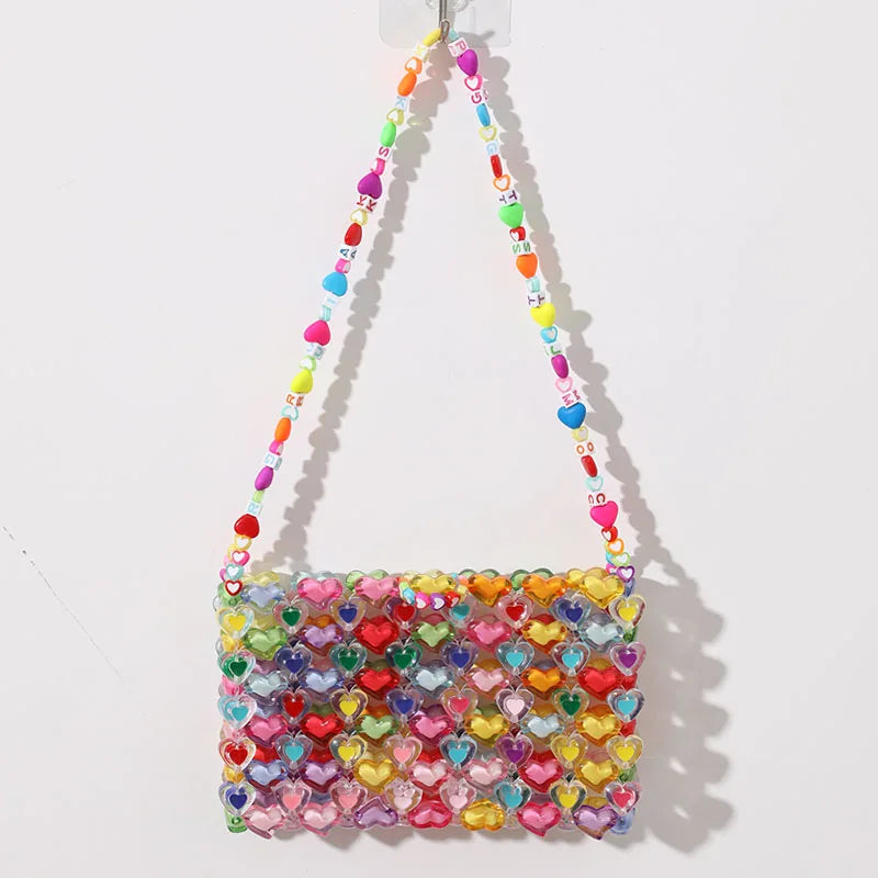 Bag Beaded Heart Bead Mini Shoulder Bag Handwoven Jelly Colorful Purse Summer 2025 Trendy Gift Accessory