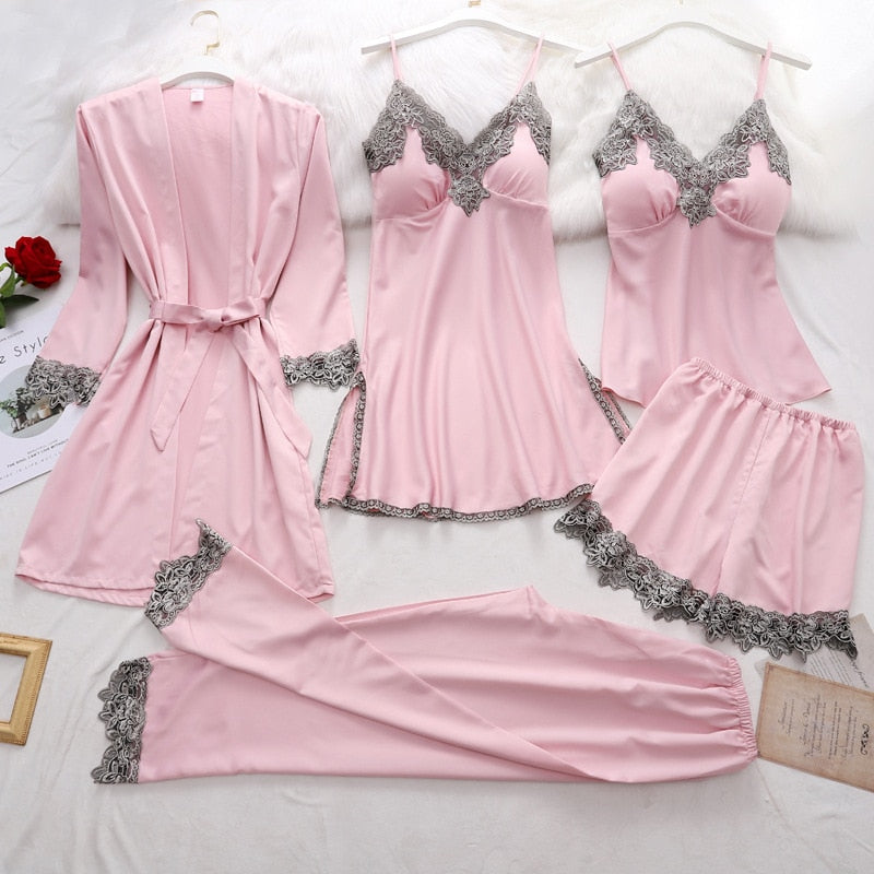 Variant image for Silk Pajamas Set for Women, Adjustable Straps, Elegant Lace Design, Soft and Comfortable Sleepwear, Breathable Satin Fabric-11