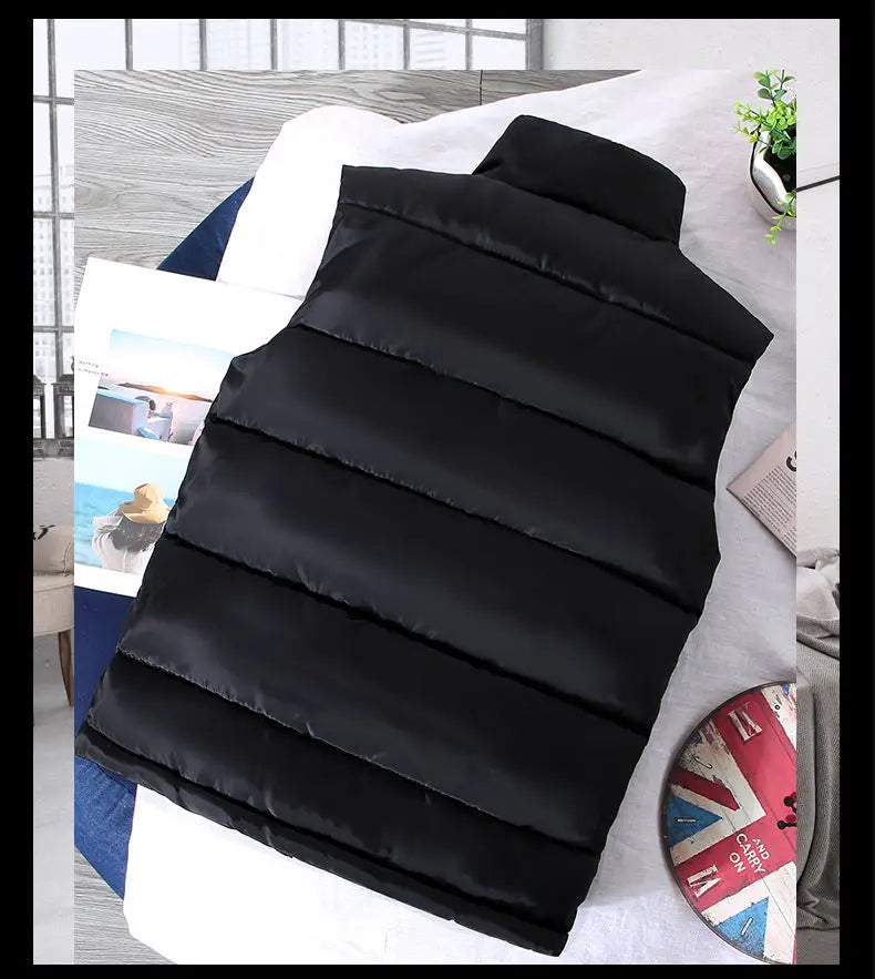 Slim Warm Men’s Puffer Vest - Stand Collar, Polyester, Casual
