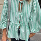 Striped Puff Sleeve Women's Top - Elegant Casual Blouse for Women, Comfortable Fit and Versatile Design-1