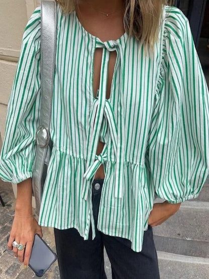 Variant image for Striped Puff Sleeve Women's Top - Elegant Casual Blouse for Women, Comfortable Fit and Versatile Design-1