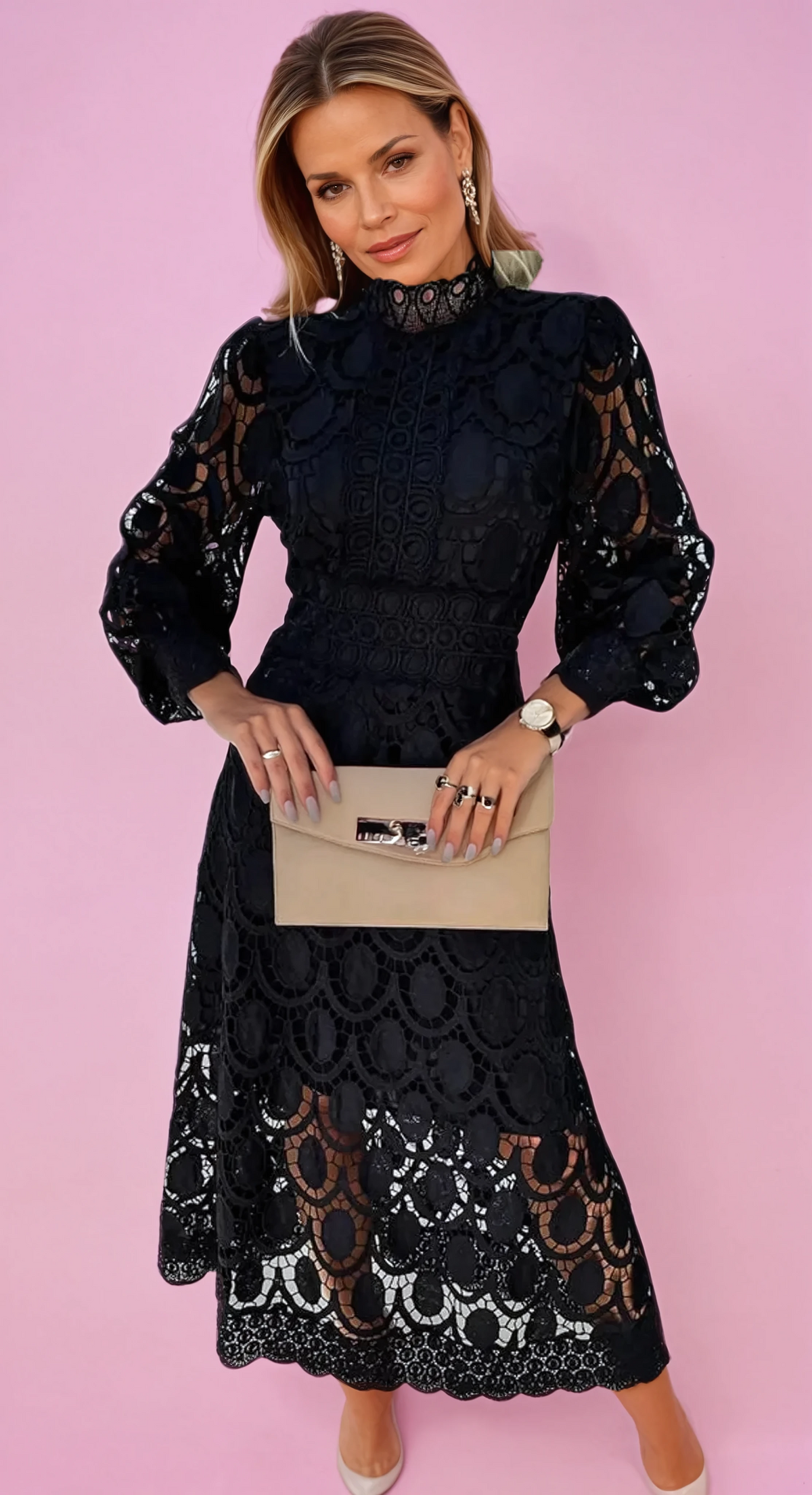 Elegant White Midi Dress with Flattering Fit, Long Sleeve Design for Versatile Occasions - Perfect for Women-2