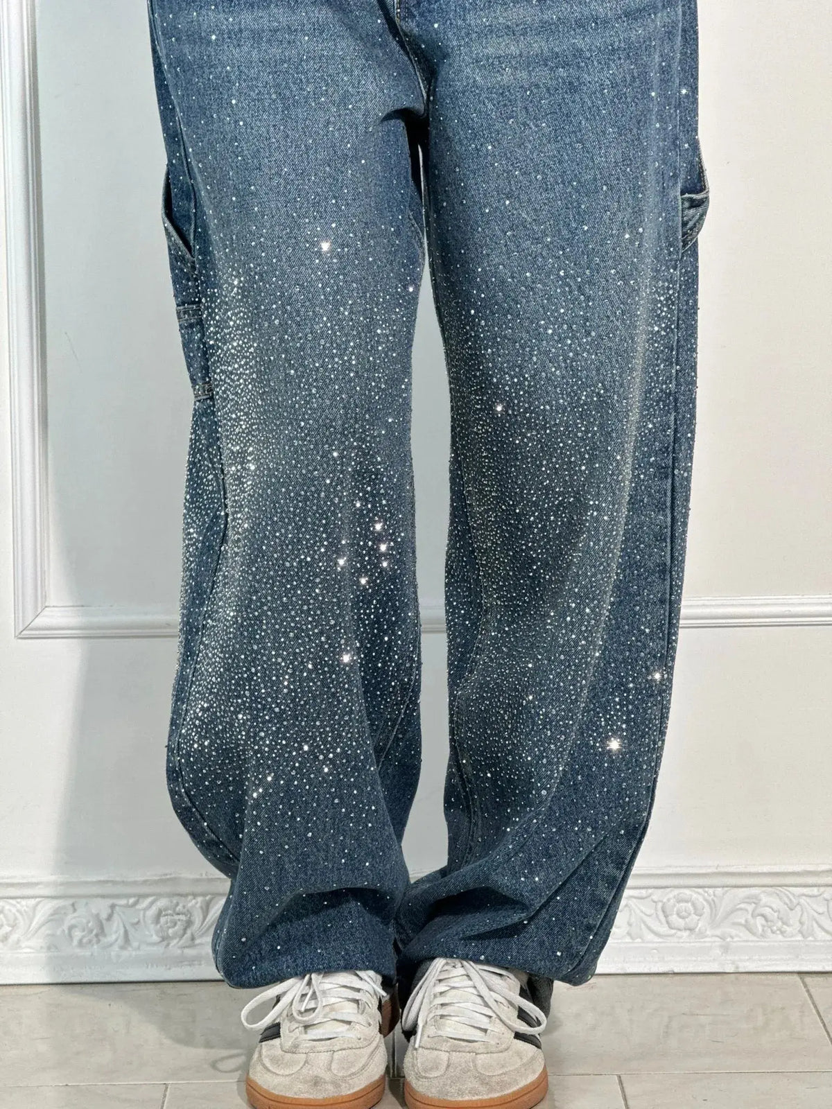Relaxed Fit Blue Denim Straight Leg Jeans with Rhinestone Embellishments for Casual Glamour-2