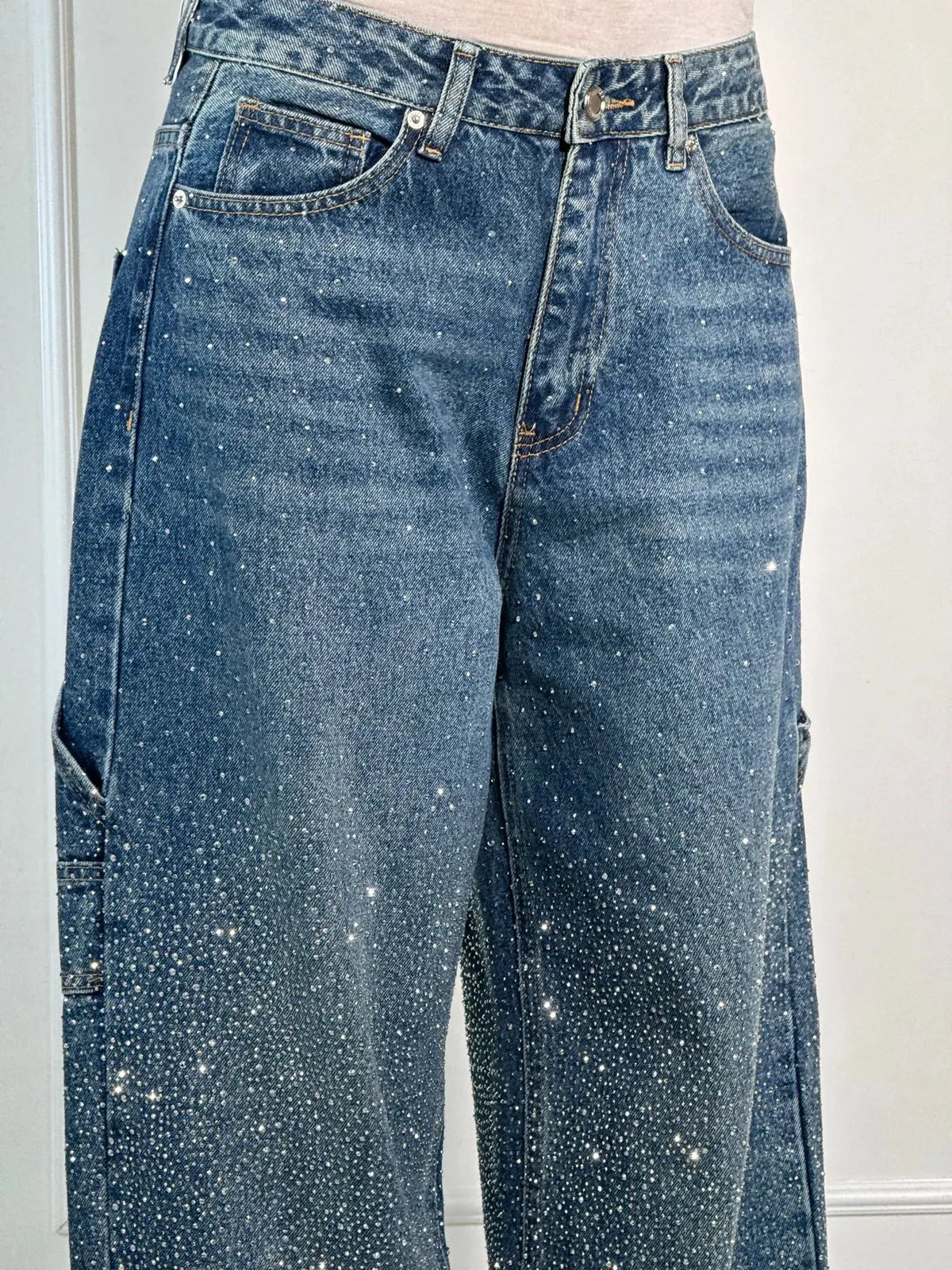 Relaxed Fit Blue Denim Straight Leg Jeans with Rhinestone Embellishments for Casual Glamour-3