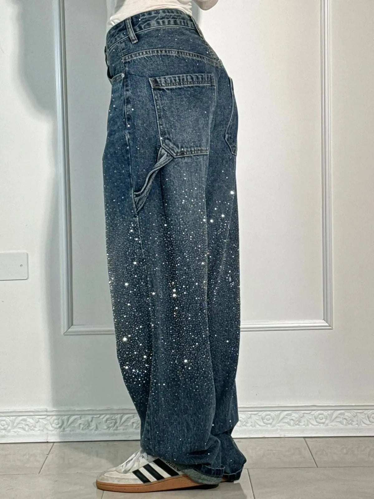 Relaxed Fit Blue Denim Straight Leg Jeans with Rhinestone Embellishments for Casual Glamour-4
