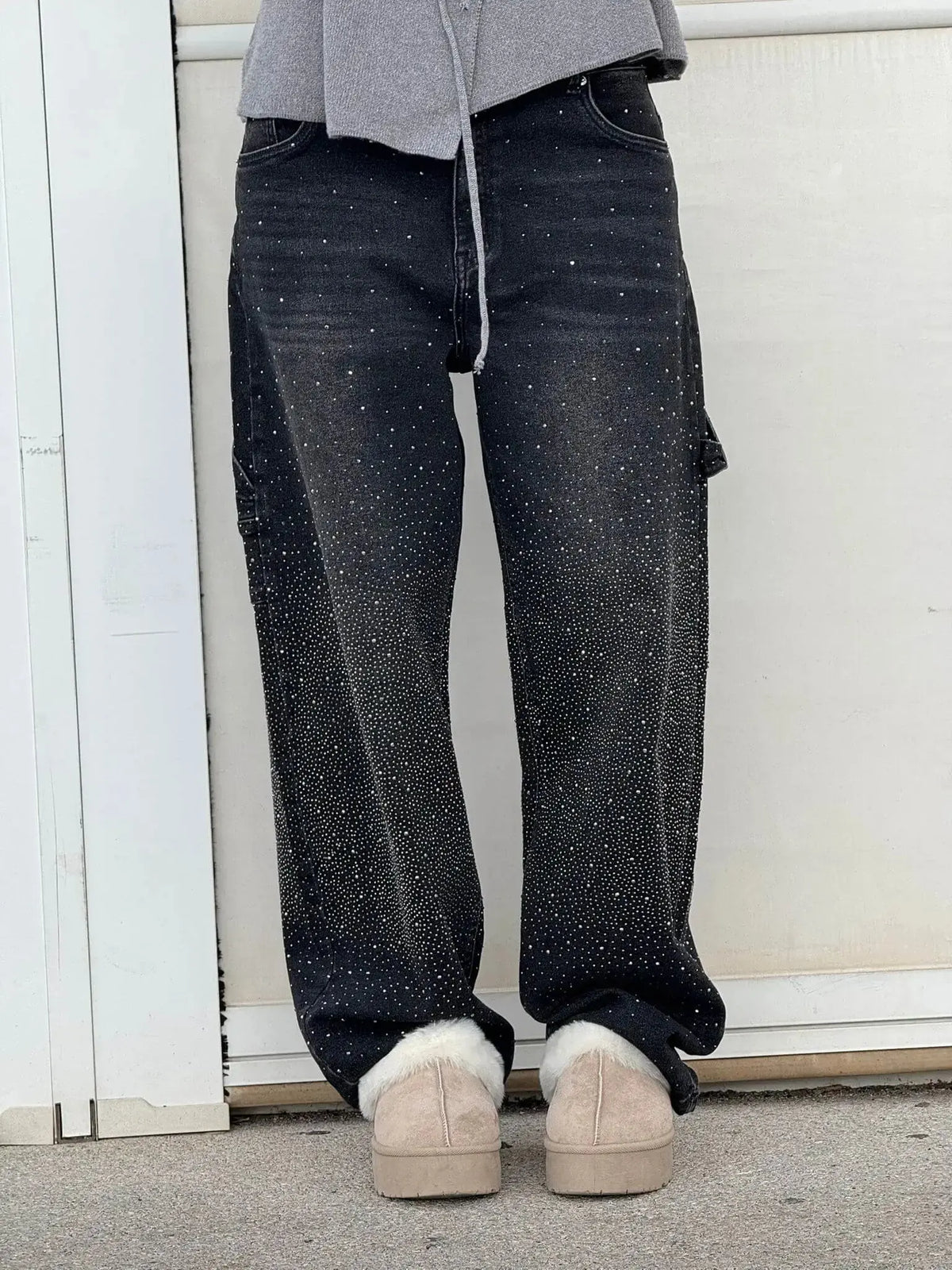 Variant image for Relaxed Fit Blue Denim Straight Leg Jeans with Rhinestone Embellishments for Casual Glamour-13