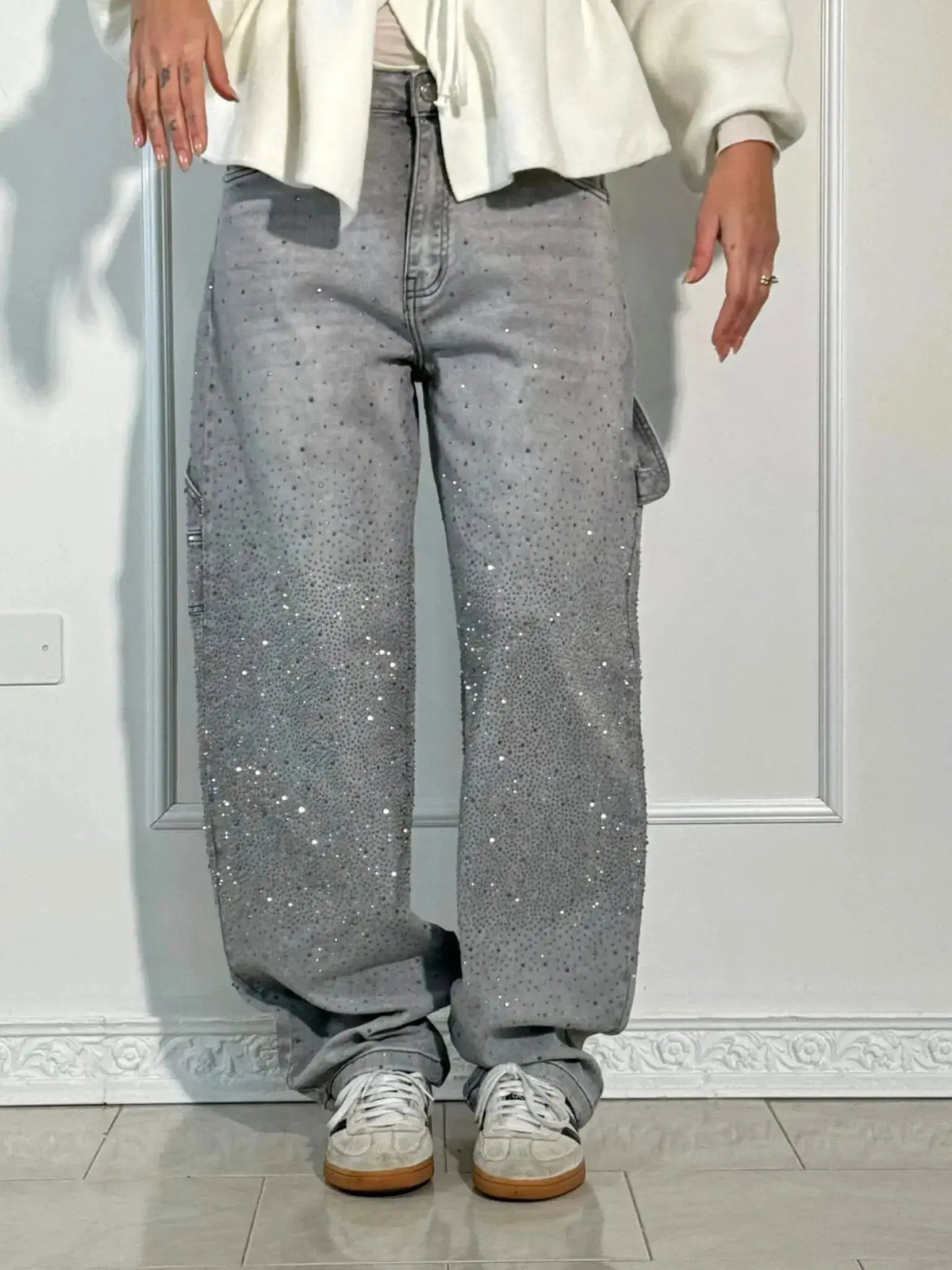 Variant image for Relaxed Fit Blue Denim Straight Leg Jeans with Rhinestone Embellishments for Casual Glamour-19