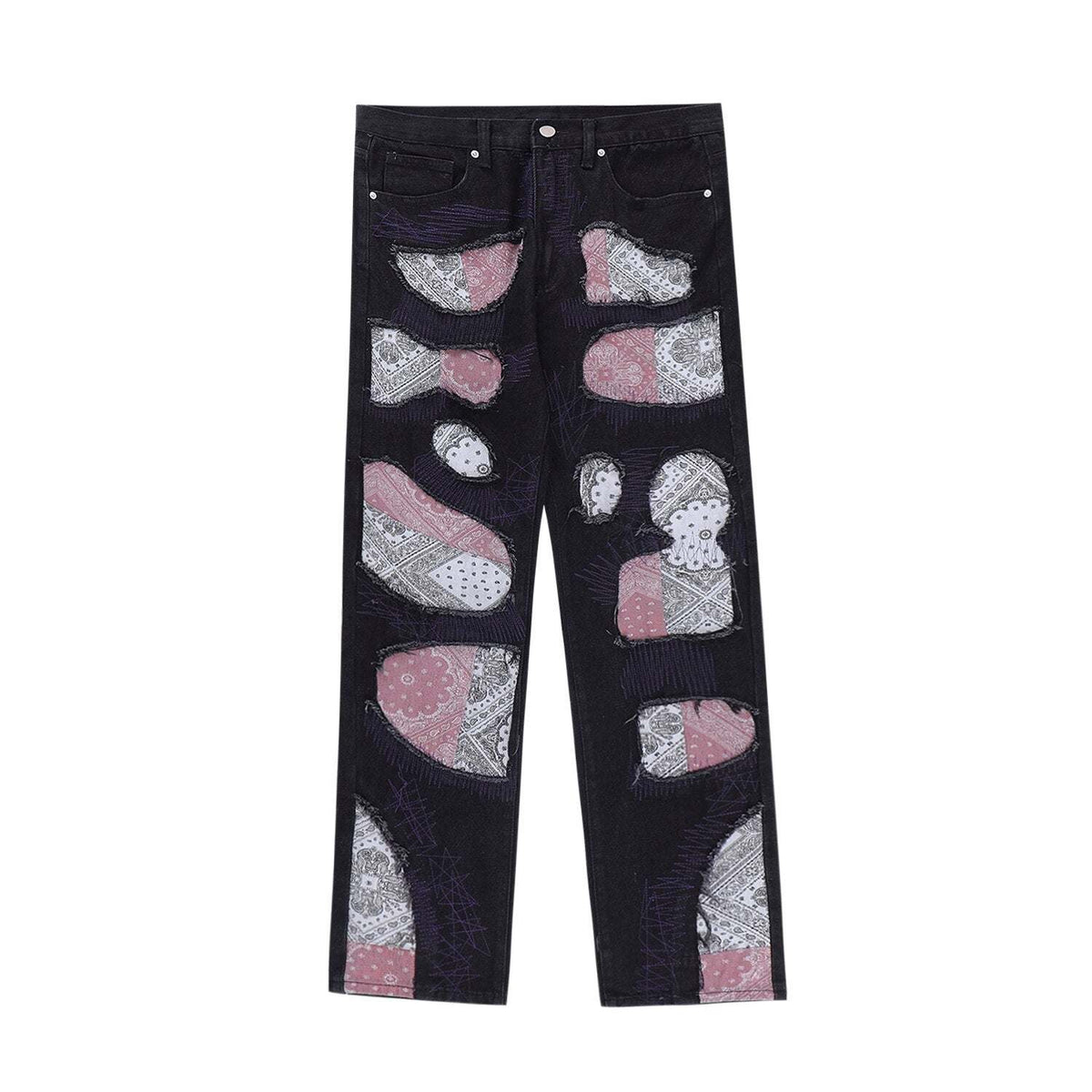Variant image for Unique Bandana Patchwork Jeans for Men and Women, Various Fits in Classic Blue Denim and Bold Black Wash-1