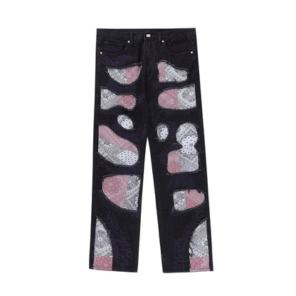 Variant image for Unique Bandana Patchwork Jeans for Men and Women, Various Fits in Classic Blue Denim and Bold Black Wash-1