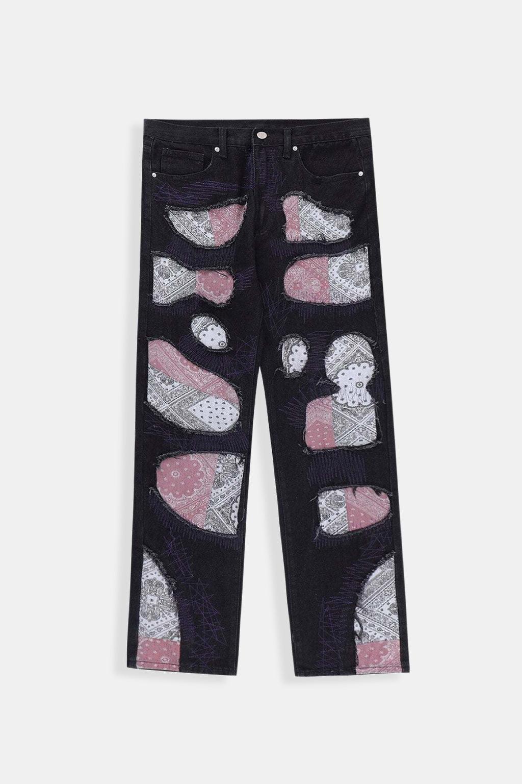 Unique Bandana Patchwork Jeans for Men and Women, Various Fits in Classic Blue Denim and Bold Black Wash-2