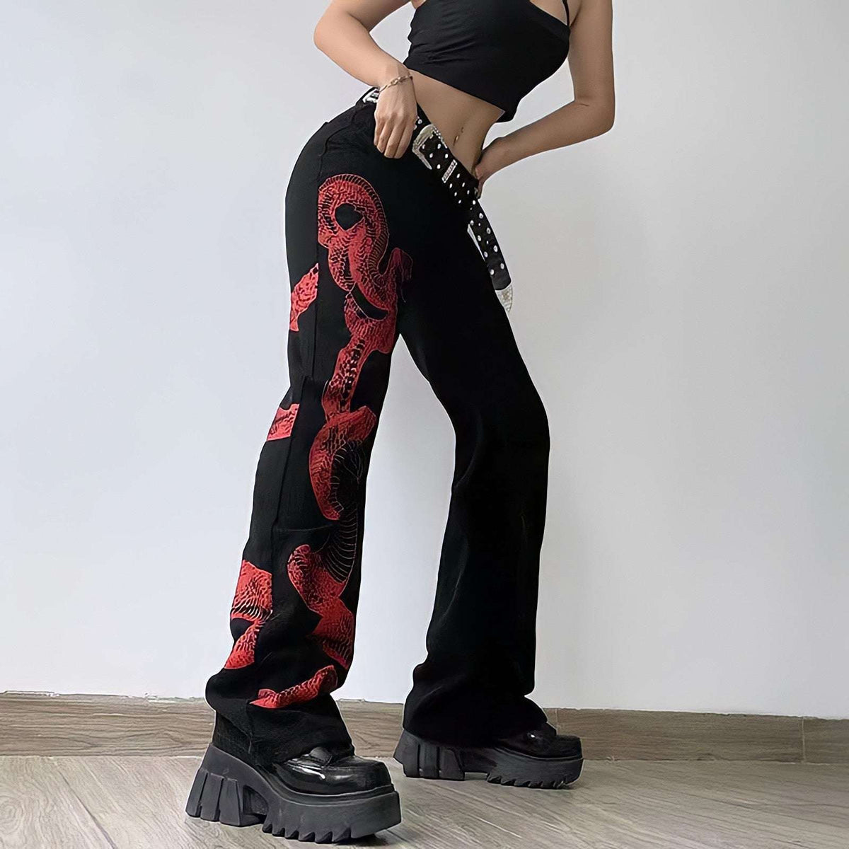Dragon Embroidered Stretch Denim Jeans with Gold Brushstroke and Kanji Calligraphy Design-1