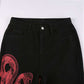 Dragon Embroidered Stretch Denim Jeans with Gold Brushstroke and Kanji Calligraphy Design-6