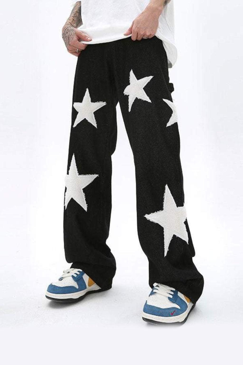 Baggy Wide Leg Jeans with Unique Star Patchwork Design and Comfortable Mid-Waist Fit in Dark Indigo-2