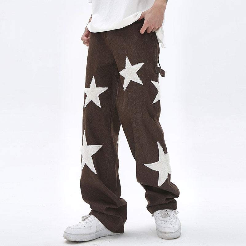 Baggy Wide Leg Jeans with Unique Star Patchwork Design and Comfortable Mid-Waist Fit in Dark Indigo-3