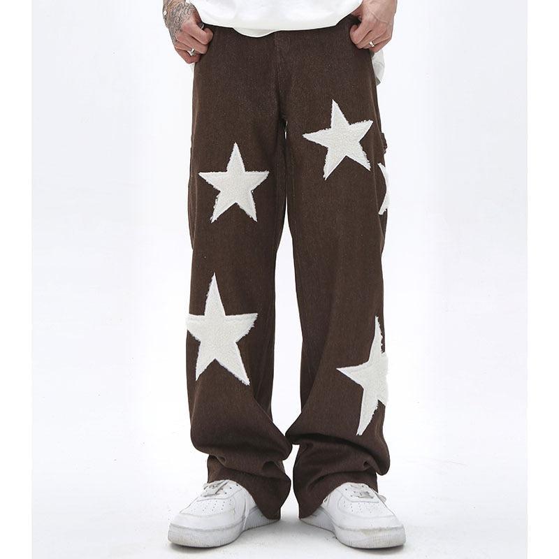 Baggy Wide Leg Jeans with Unique Star Patchwork Design and Comfortable Mid-Waist Fit in Dark Indigo-5