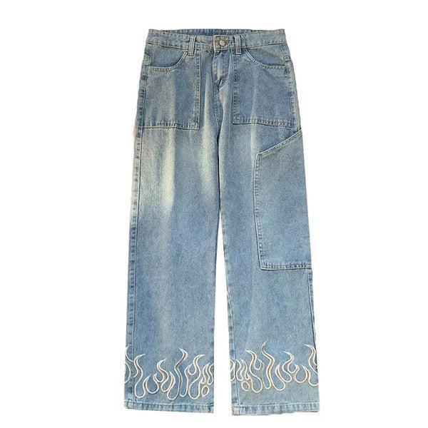 Flame Print Jeans for Men and Women, Stylish Denim with Bold Flame Designs, Available in Various Fits and Colors-1