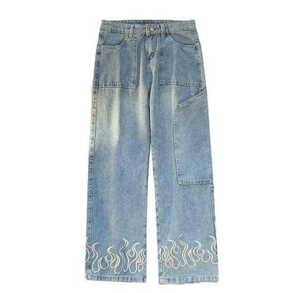 Variant image for Flame Print Jeans for Men and Women, Stylish Denim with Bold Flame Designs, Available in Various Fits and Colors-1
