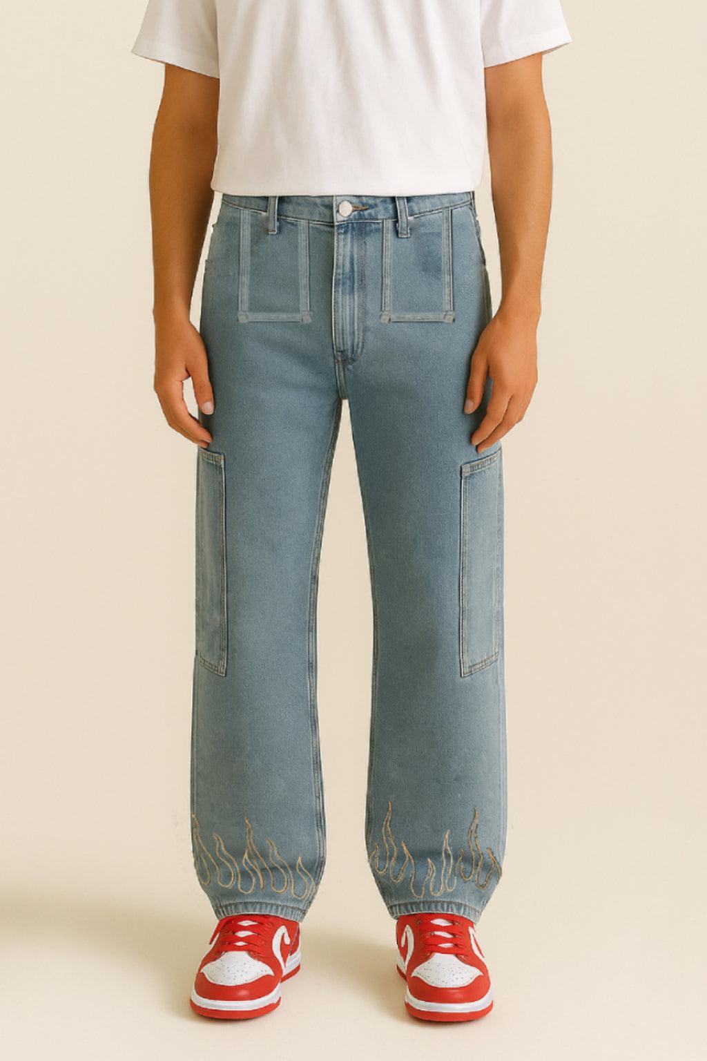 Flame Print Jeans for Men and Women, Stylish Denim with Bold Flame Designs, Available in Various Fits and Colors-3