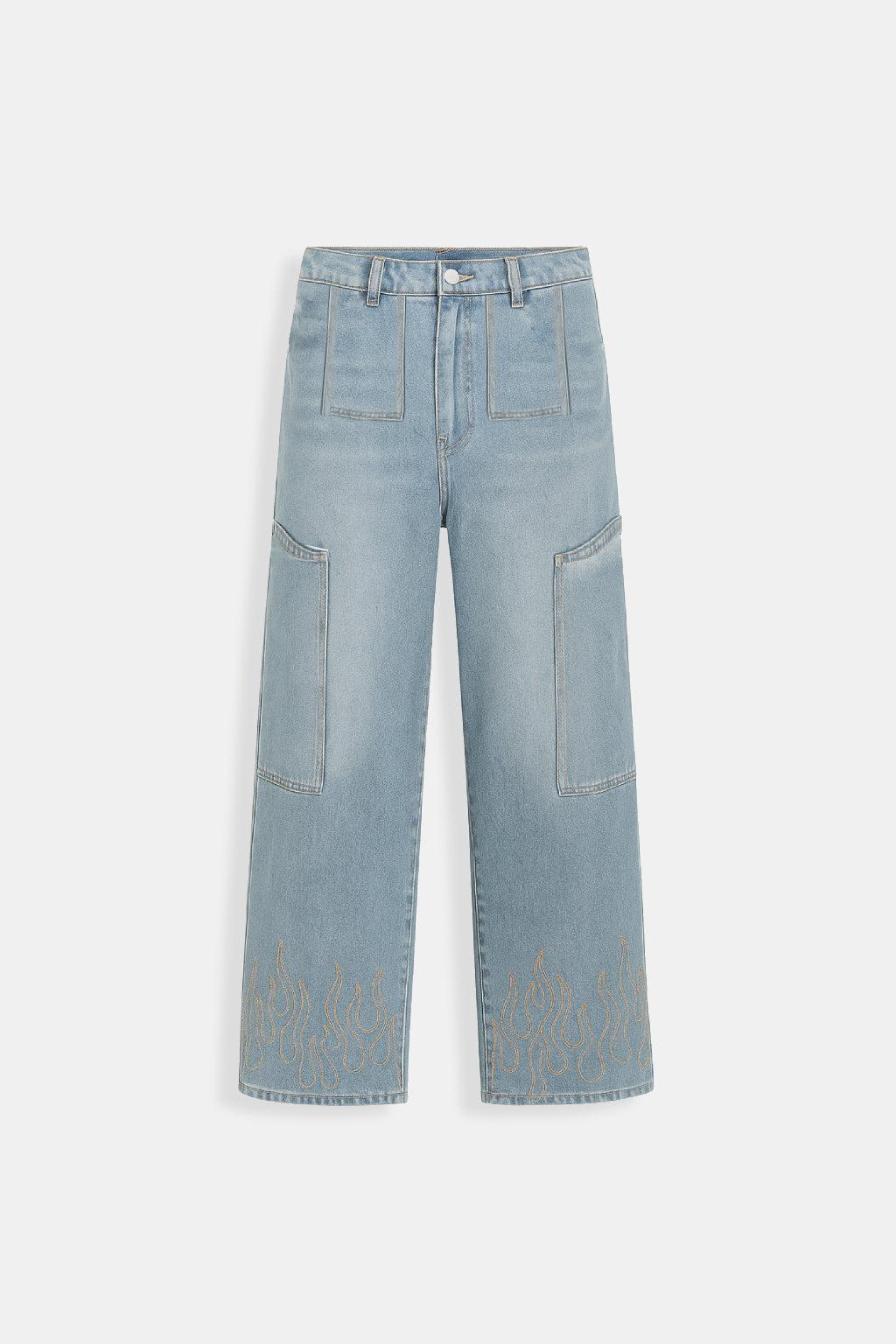 Flame Print Jeans for Men and Women, Stylish Denim with Bold Flame Designs, Available in Various Fits and Colors-2